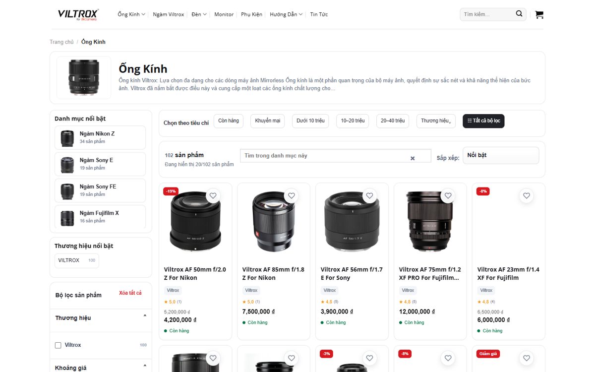 Trang danh mục web Viltrox Việt Nam