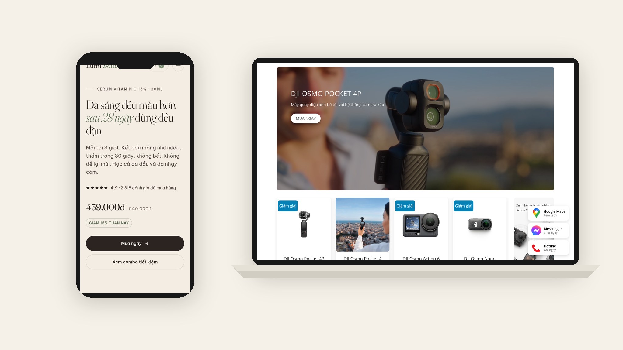 Ảnh chụp thật: điện thoại hiện landing page mẫu mỹ phẩm của Datova cạnh laptop hiện website bán hàng nhiều trang DJI Store