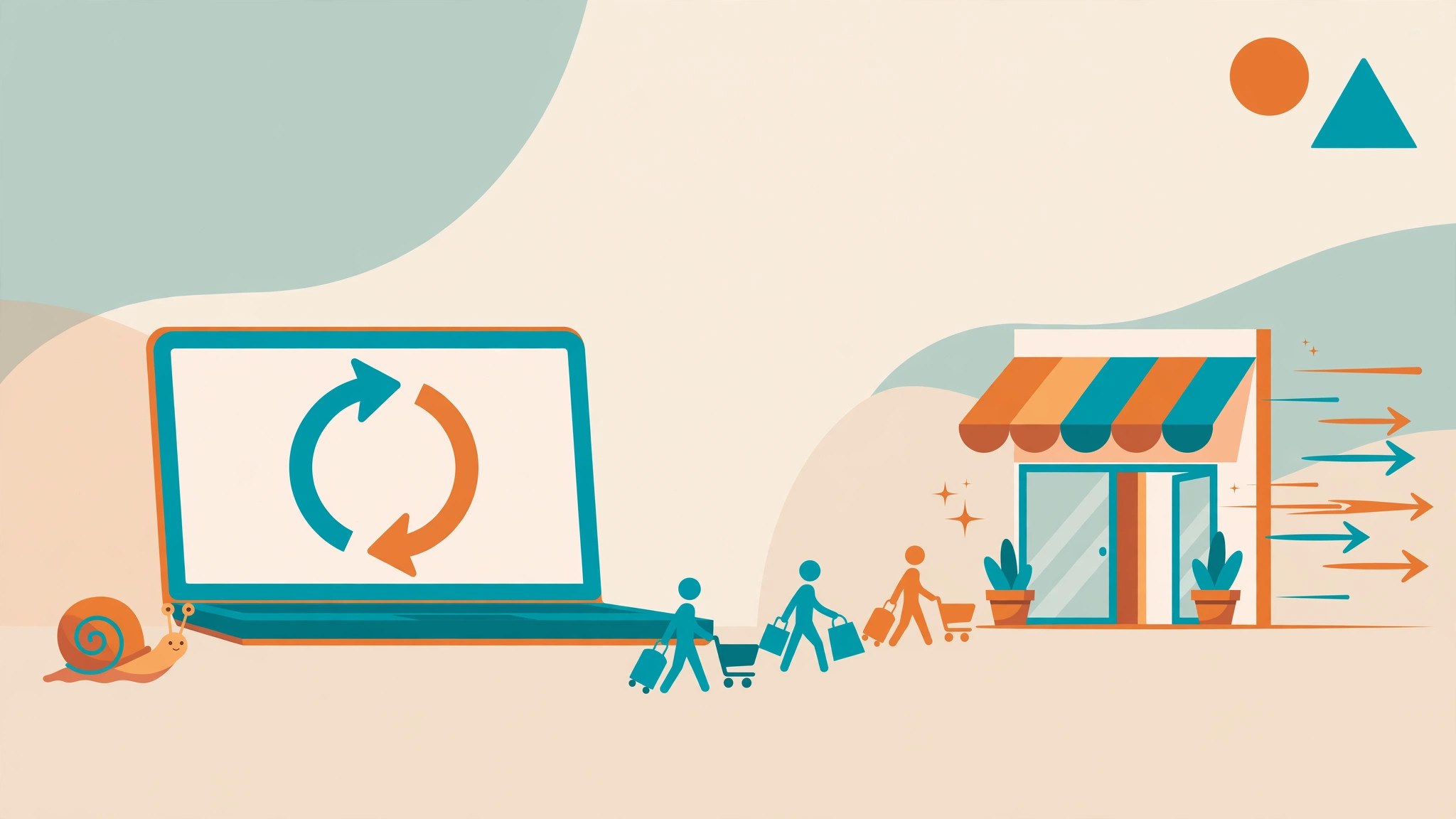 Website tải chậm: laptop hiện vòng xoay đang tải, ốc sên bò chậm bên cạnh, khách lần lượt bỏ đi