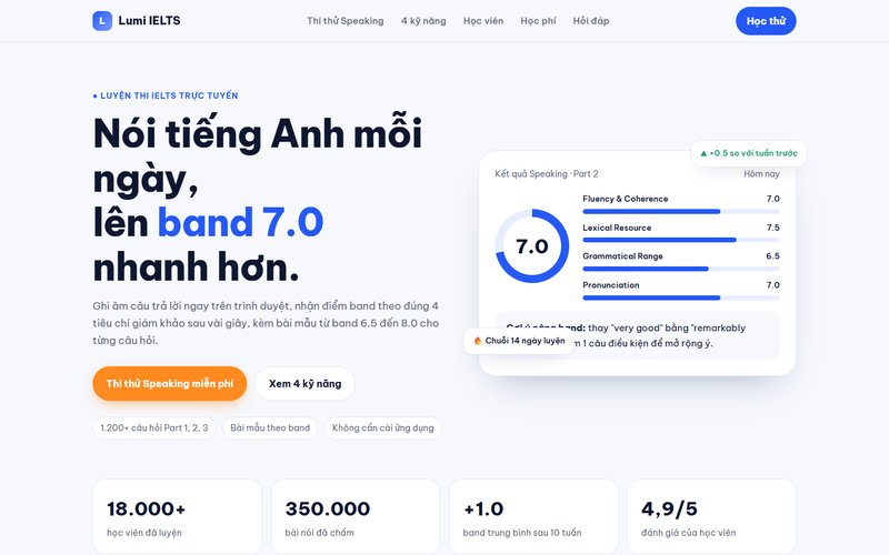 Mẫu nền tảng học IELTS có AI chấm bài